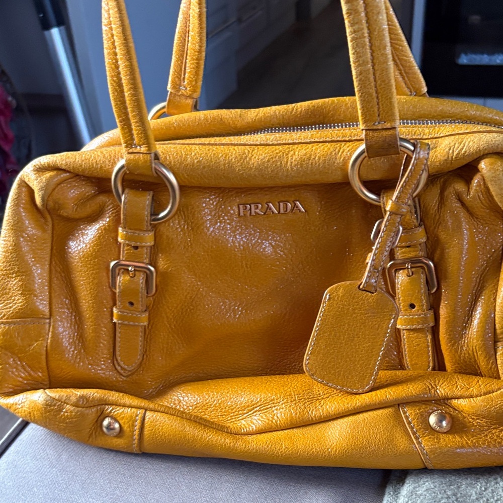 Prada Mustard Yellow Leather Satchel with Gold-Tone Hardware